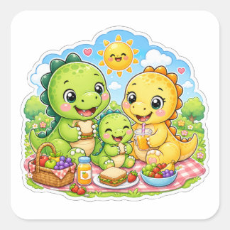 Cute Dinosaur Family Cartoon Art Square Sticker