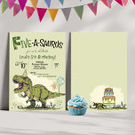 Cute Dinosaur Five-A-Saurus 5th Birthday Party Invitation<br><div class="desc">This cute T-Rex dinosaur cartoon themed 5th birthday party invitation with punny sayings such as "Five-A-Saurus" and "RSVP to Mama-saurus" is the perfect invite to celebrate your little Dino lover's fifth birthday! Easily personalise the front & back side wording. Need to move the text or graphics a bit to fit...</div>