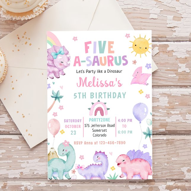 Cute Dinosaur Five-A-Saurus 5th Birthday Party Invitation (Creator Uploaded)