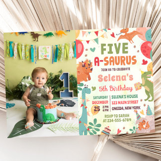 Cute Dinosaur Five-A-Saurus 5th Birthday Photo Invitation