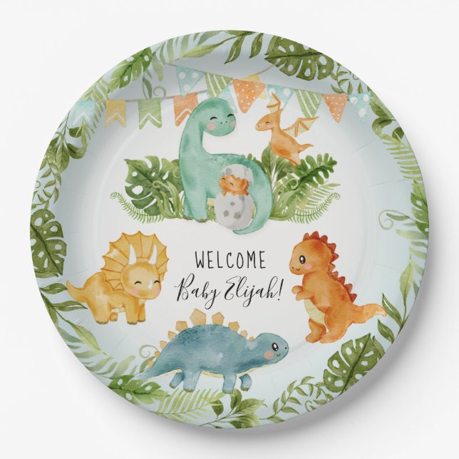 Cute Dinosaur Foliage Watercolor Baby Boy Shower Paper Plate (Front)
