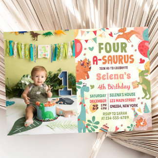 Cute Dinosaur Four-A-Saurus 4th Birthday Photo Invitation