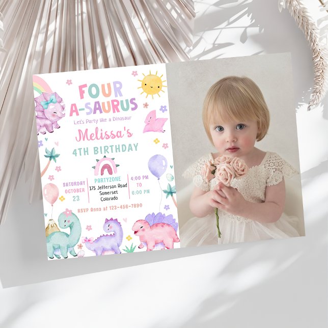 Cute Dinosaur Four-A-Saurus 4th Birthday Photo Invitation (Creator Uploaded)