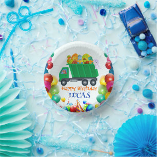 Cute Dinosaur garbage truck balloon birthday boy Paper Plate
