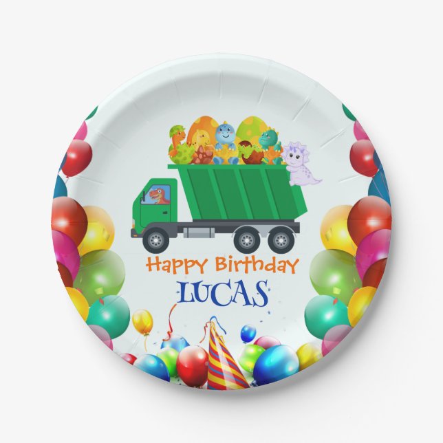 Cute Dinosaur garbage truck balloon birthday boy  Paper Plate (Front)