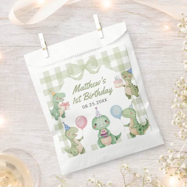 Cute Dinosaur Gingham 1st Birthday Party Favour Bags (Clipped)