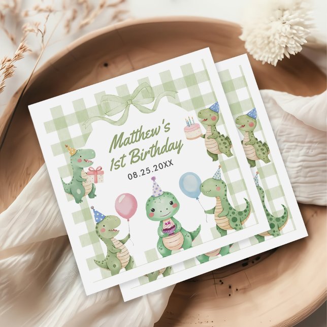 Cute Dinosaur Gingham 1st Birthday Party Napkin (Creator Uploaded)