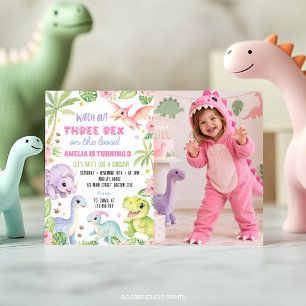 Cute Dinosaur Girl Three Rex Birthday Photo Invitation