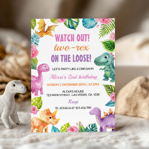 Cute Dinosaur Girl Two-Rex Birthday Invitation