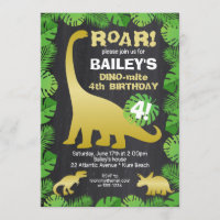 Cute Dinosaur Gold Tropical Chalkboard Birthday