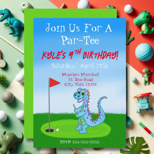 Cute Dinosaur Golf Themed 9th Birthday  Invitation