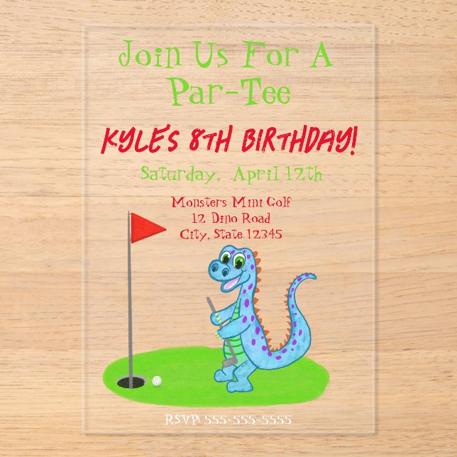 Cute Dinosaur Golf Themed Kids Birthday  Acrylic Invitations (Front)