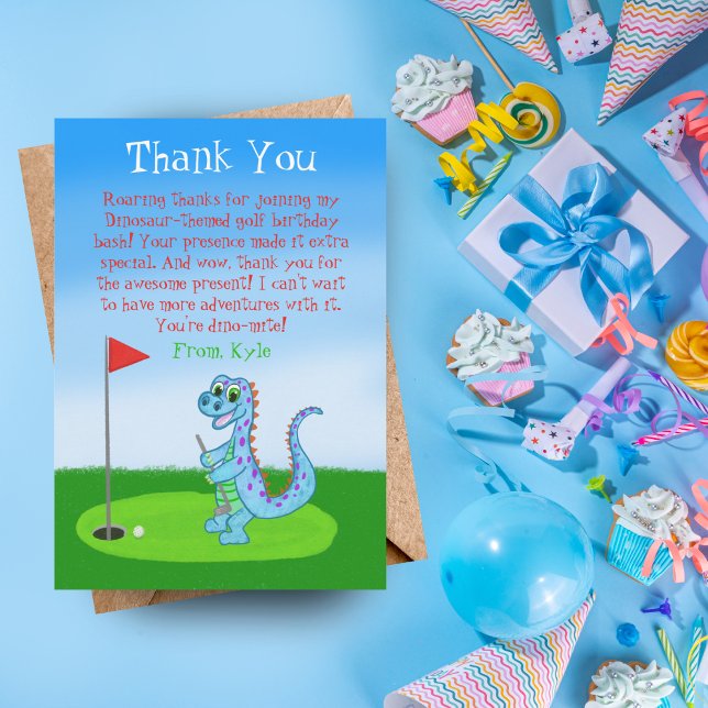 Cute Dinosaur Golf Themed Kids Birthday  Thank You Card (Creator Uploaded)