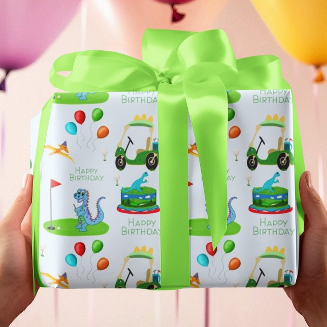 Cute Dinosaur Golf Themed Kids Happy Birthday Wrapping Paper (Creator Uploaded)
