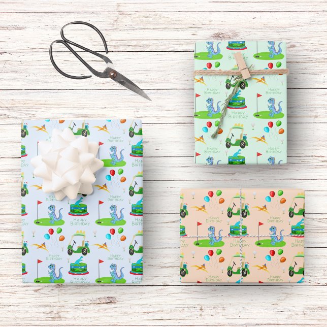 Cute Dinosaur Golf Themed Kids Happy Birthday Wrapping Paper Sheet (Creator Uploaded)