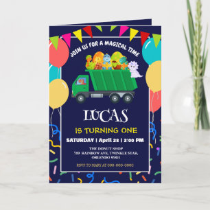 Cute Dinosaur Green garbage truck birthday boy kid Invitation