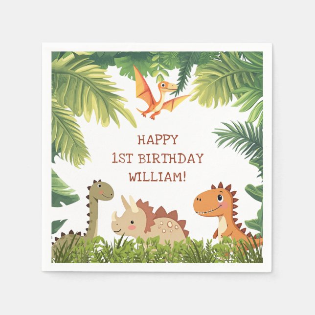 Cute Dinosaur Greenery Birthday Party Napkin (Front)