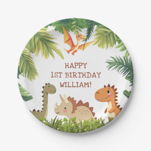 Cute Dinosaur Greenery Birthday Party Paper Plate