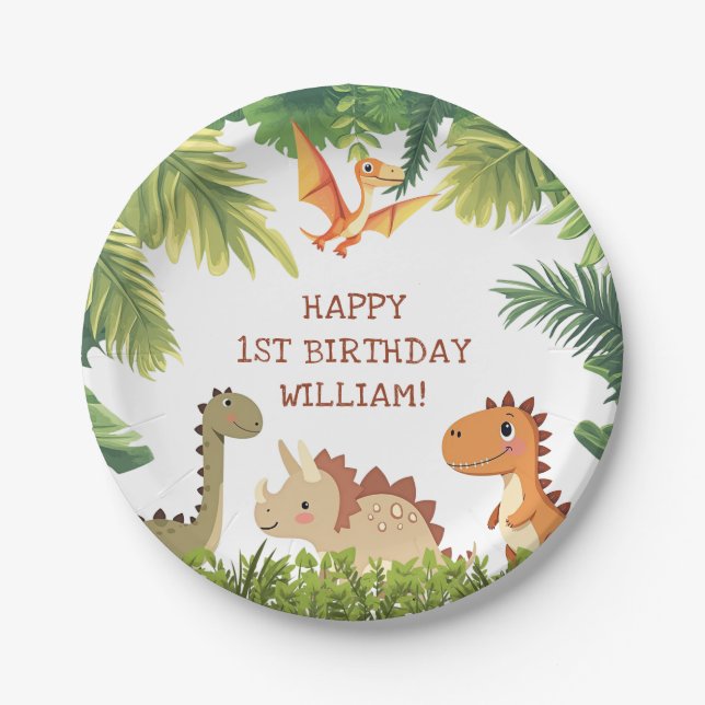 Cute Dinosaur Greenery Birthday Party Paper Plate (Front)