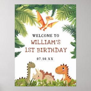 Cute Dinosaur Greenery Birthday Party Welcome Sign