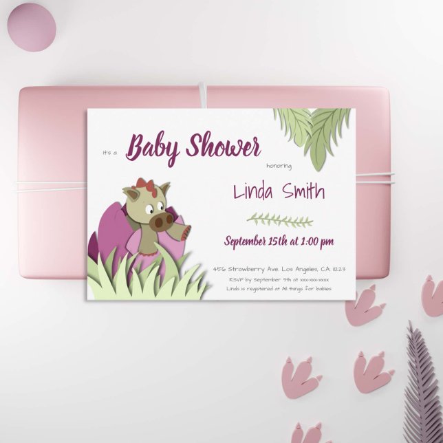 Cute Dinosaur Hatching Pink Girl Baby Shower Invitation (Creator Uploaded)