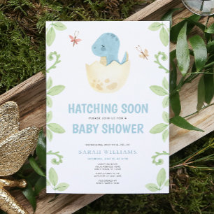 Cute Dinosaur Hatching Soon Blue Boy Baby Shower Invitation