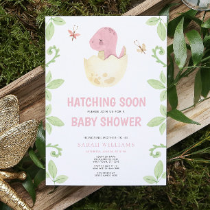 Cute Dinosaur Hatching Soon Pink Girl Baby Shower Invitation
