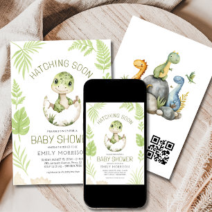 Cute Dinosaur Hatching Soon QR Code Baby Shower Invitation