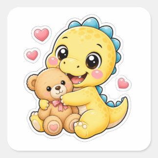 Cute Dinosaur Hugging Teddy Bear Square Sticker