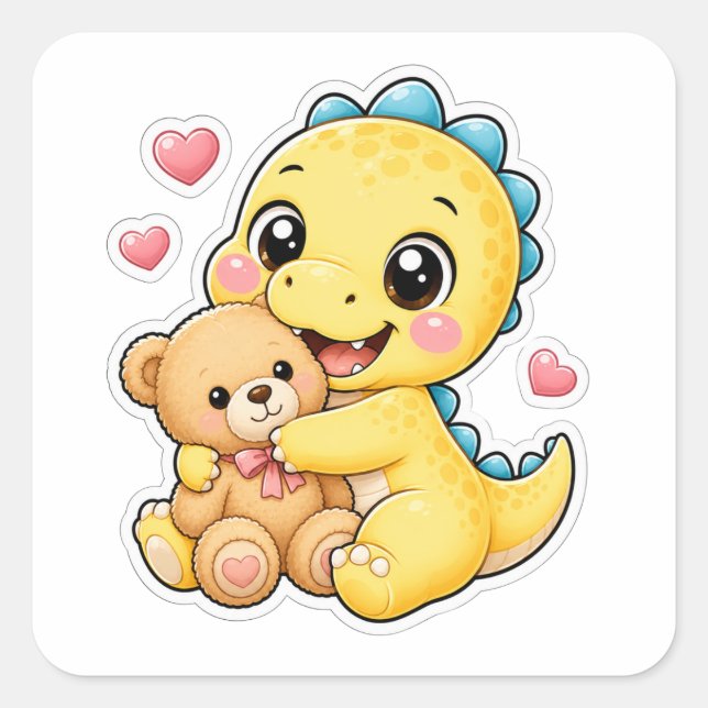 Cute Dinosaur Hugging Teddy Bear Square Sticker (Front)