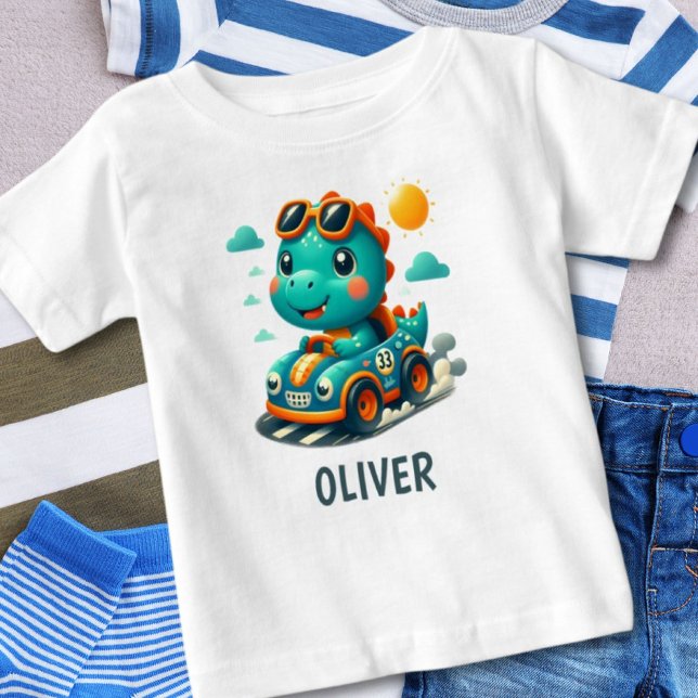 Cute Dinosaur in a Racing Car Personalised Baby T-Shirt (Creator Uploaded)