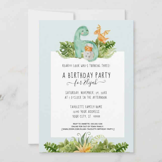 Cute Dinosaur Jungle Foliage Birthday Party Boy  Invitation (Front)