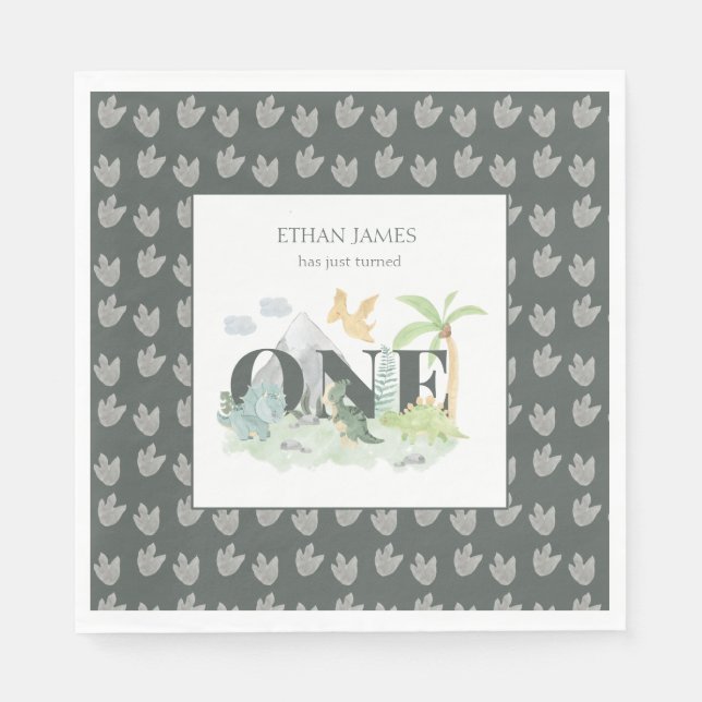 Cute Dinosaur Jungle Watercolor Boy 1st Birthday Napkin (Front)