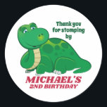 Cute Dinosaur Jurassic Kids Birthday Party Classic Round Sticker<br><div class="desc">Cute party favours for kids,  boys or girls who love dinosaurs and t-rex. Perfect for kids birthday party,  party favours and thank you label. You can also customise the text for baby shower or other occasion and party.</div>