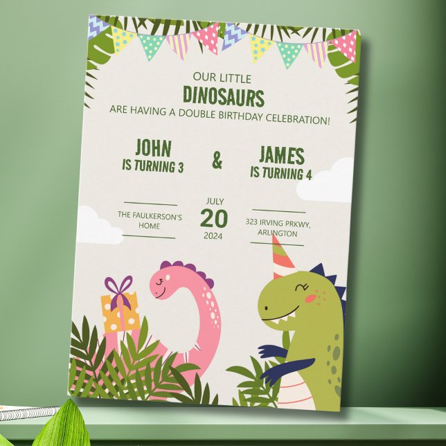 Cute Dinosaur Kids Double Birthday Celebration  Invitation (Creator Uploaded)