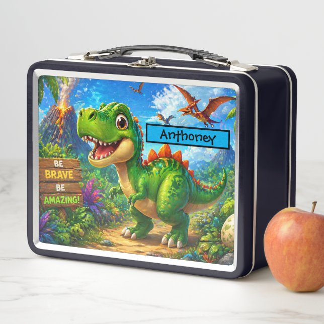 Cute Dinosaur Kids Lunch Box Colourful T Rex (In Situ)