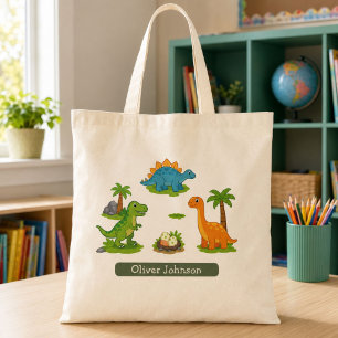 Cute Dinosaur Kids Name School Tote Bag