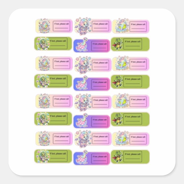 Cute Dinosaur Kids Safety ID Sticker Sheet (Front)