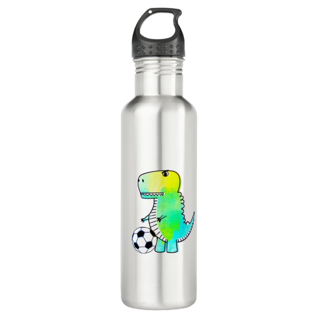 Cute Dinosaur Loves Soccer Watercolor 710 Ml Water Bottle (Front)