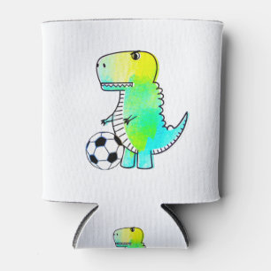 Cute Dinosaur Loves Soccer Watercolor Can Cooler