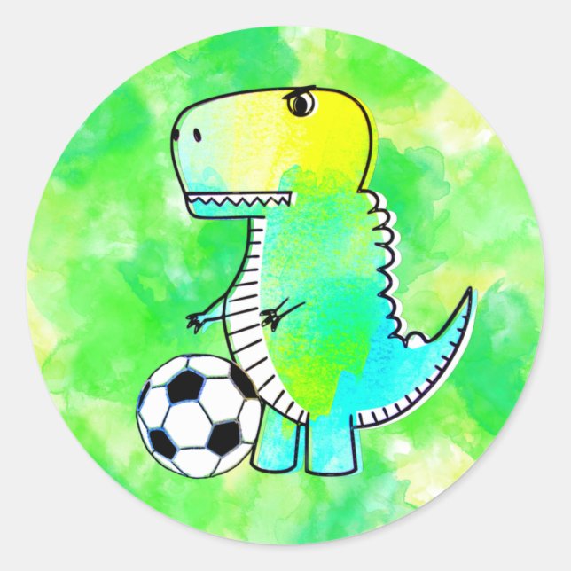 Cute Dinosaur Loves Soccer Watercolor Custom Classic Round Sticker (Front)