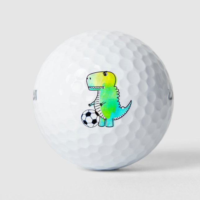 Cute Dinosaur Loves Soccer Watercolor Golf Balls (Front)
