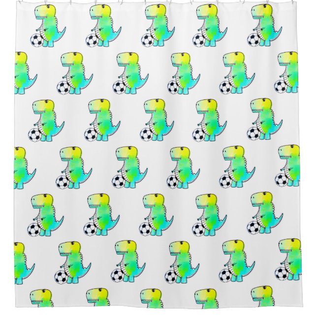 Cute Dinosaur Loves Soccer Watercolor Shower Curtain (Front)