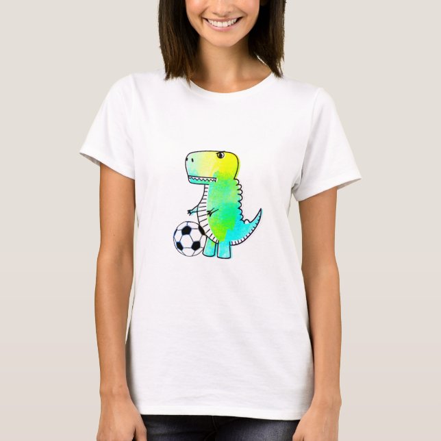 Cute Dinosaur Loves Soccer Watercolor T-Shirt (Front)