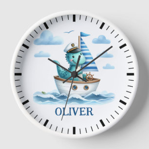 Cute Dinosaur Nautical Boat Captain Personalised Clock