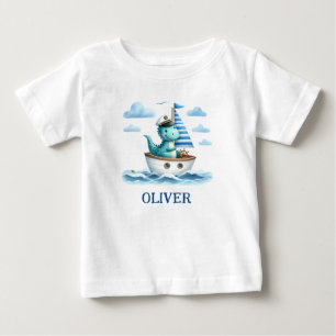 Cute Dinosaur Nautical Captain Personalised Baby T-Shirt