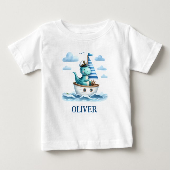 Cute Dinosaur Nautical Captain Personalised Baby T-Shirt (Front)