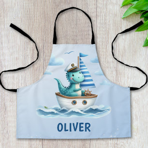 Cute Dinosaur Nautical Captain Personalised Blue Apron