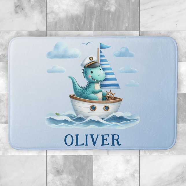 Cute Dinosaur Nautical Captain Personalised Blue Bath Mat (Creator Uploaded)