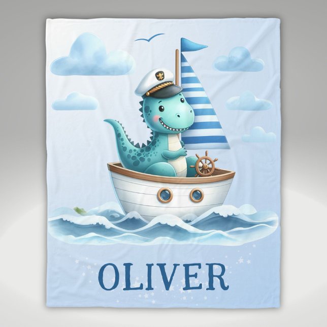 Cute Dinosaur Nautical Captain Personalised Blue Fleece Blanket (Creator Uploaded)